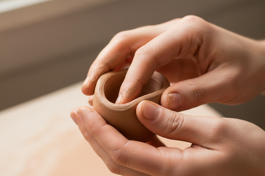 Händer som formar lera med tumtekniken