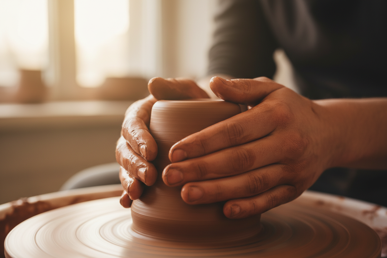Händer som centrerar lera på drejskiva