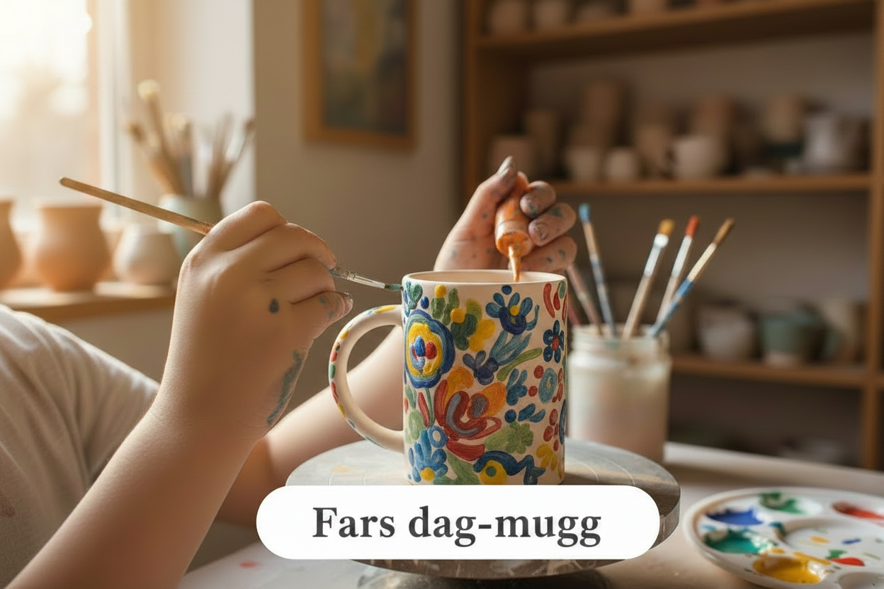 Barn målar på en rak keramikmugg – Fars dag-mugg